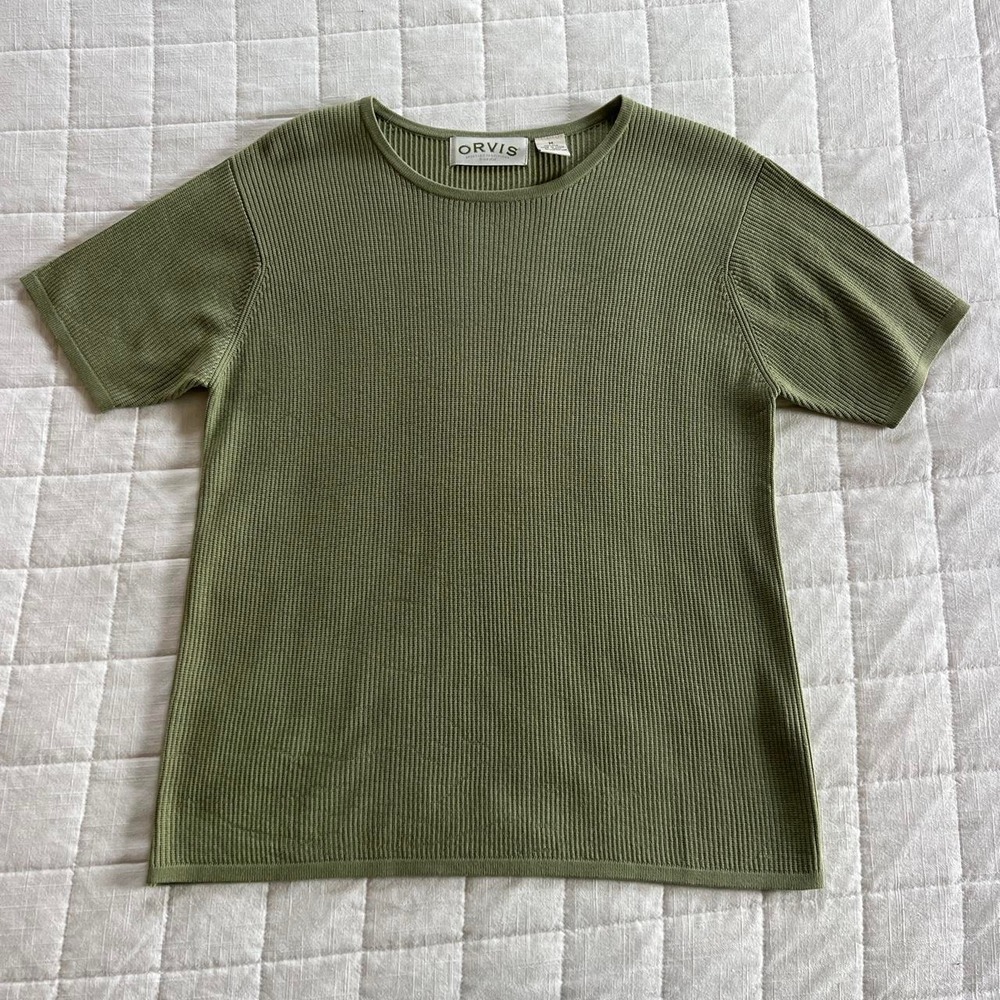 Orvis Olive Green 100% Silk Ribbed Short Sleeve Sweater Crew Neck Top Medium